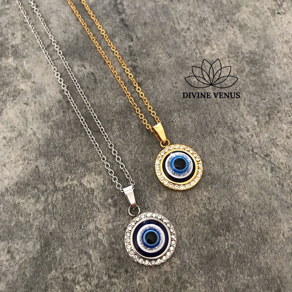 Evil Eye Round Pendant Stainless Steel Necklace - Picture 2 of 8